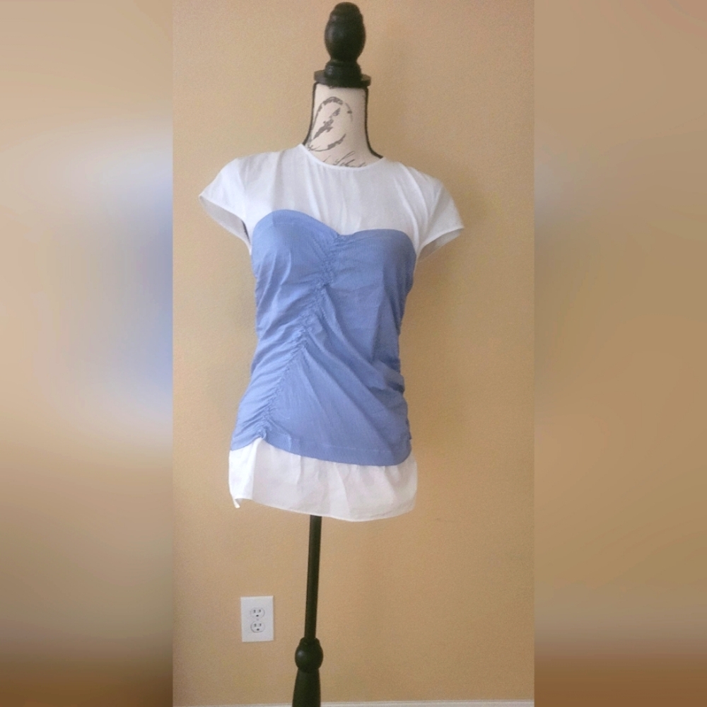 Zara White and Light Blue Short Sleeve Layered Tee